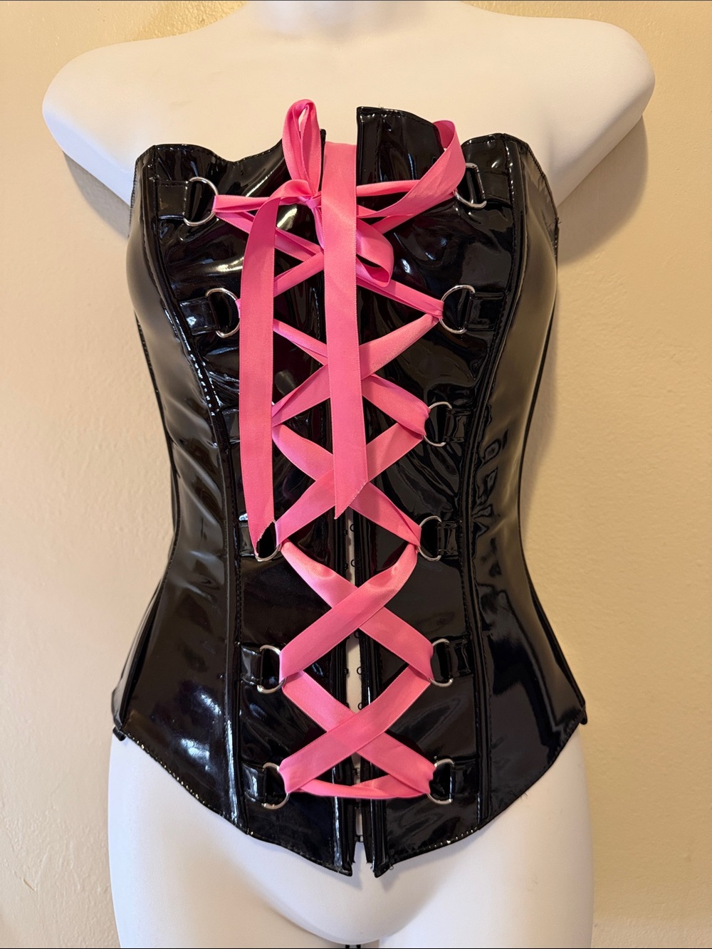 Allure Black PVC Corset with Pink Satin Lace